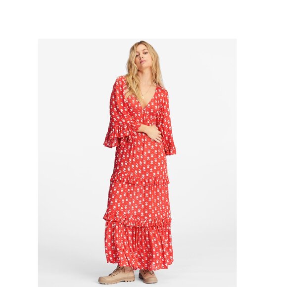 New Billabong Time After Time Red Floral Flutter Sleeve Ruffle Maxi Dress P6575 - Picture 1 of 10